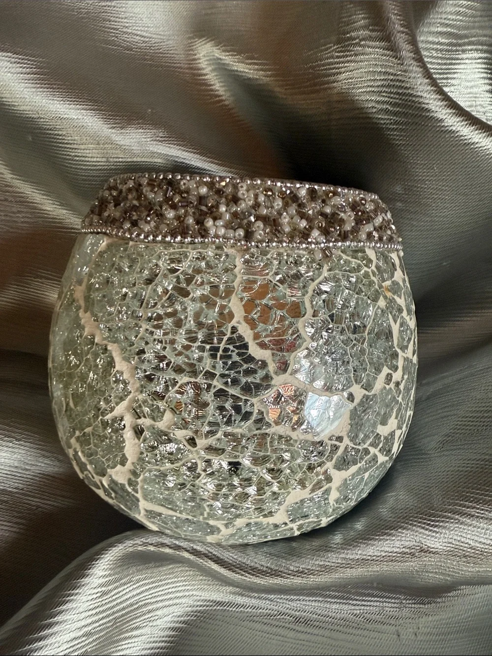 Decorative Crackle Glass Votive with Beaded Rim - Silver